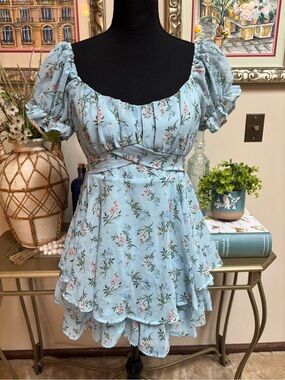 ROMPER by MI AMI FOR FRANCESCAS Blue Multi Floral Puff-Sleeve Bow Jumper Size L